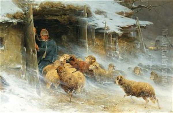 Sheltering From The Snowstorm Oil Painting by Adolf Ernst Meissner