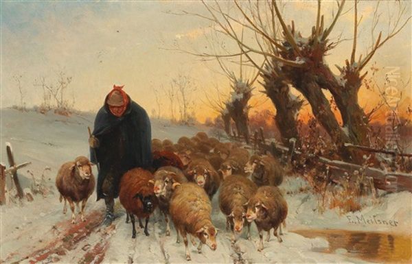 Flock Of Sheep Returning Home In The Evening Light Oil Painting by Adolf Ernst Meissner