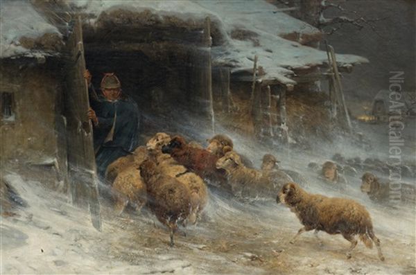 Shepherd Protecting His Flock From The Snow Storm Oil Painting by Adolf Ernst Meissner