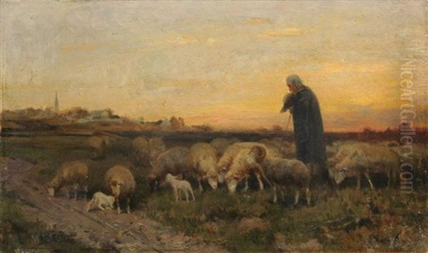 Schafer Mit Herde Im Abendlicht Oil Painting by Adolf Ernst Meissner