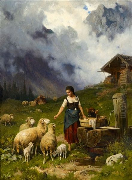 Shepherdess At A Well Oil Painting by Adolf Ernst Meissner