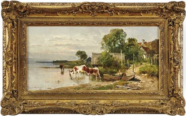 Hirtenmadchen Mit Kuhen Am Ufer Des Ammersees Oil Painting by Adolf Ernst Meissner