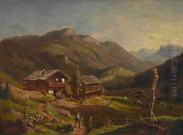 Almhutte In Gebirgslandschaft Oil Painting by Adolf Ernst Meissner