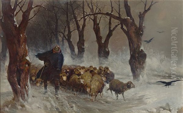 Schafe Im Schneesturm Oil Painting by Adolf Ernst Meissner