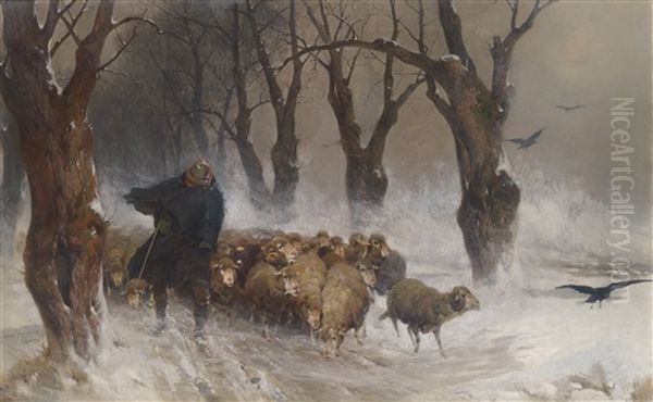 Schafer Mit Seiner Herde Am Winterlichen Heimweg Oil Painting by Adolf Ernst Meissner