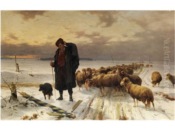 Schafer Mit Herde In Winterlandschaft Oil Painting by Adolf Ernst Meissner