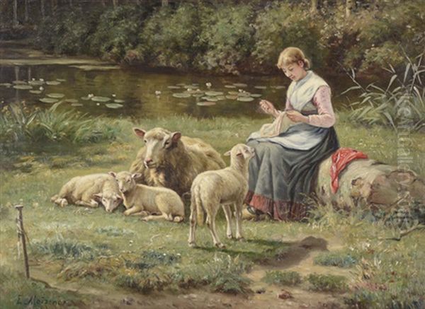 Young Woman With Sheep, A Pastoral Landscape With A Woman Embroidering A Piece Of Cloth With Sheep Looking On And A Pond In The Background Oil Painting by Adolf Ernst Meissner