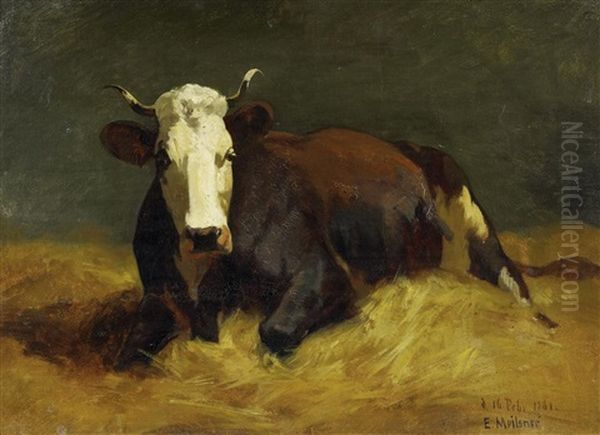 Lagernde Kuh (study) Oil Painting by Adolf Ernst Meissner