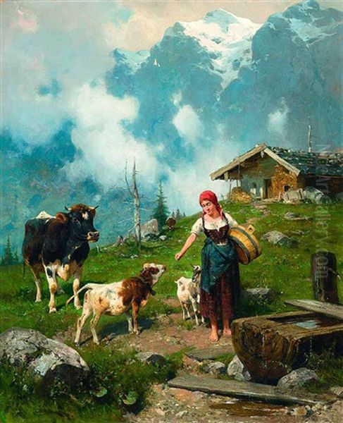 Auf Der Alm Oil Painting by Adolf Ernst Meissner