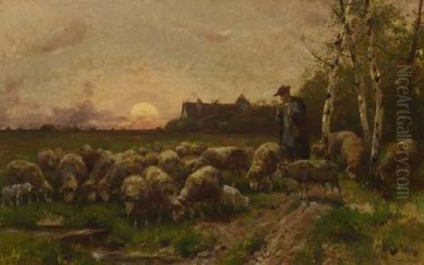 Schafer Mit Herde Im Abendlicht Oil Painting by Adolf Ernst Meissner