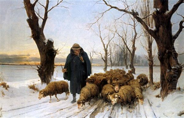 Schafer Mit Seinen Schafen Im Schnee Oil Painting by Adolf Ernst Meissner