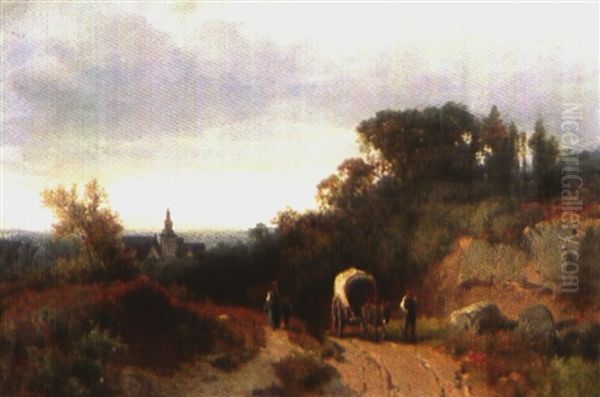 Landschaft Mit Pferdefuhrwerk Und Bauernfamilie, Im Hintergrund Ein Dorf Oil Painting by Adolf Ernst Meissner