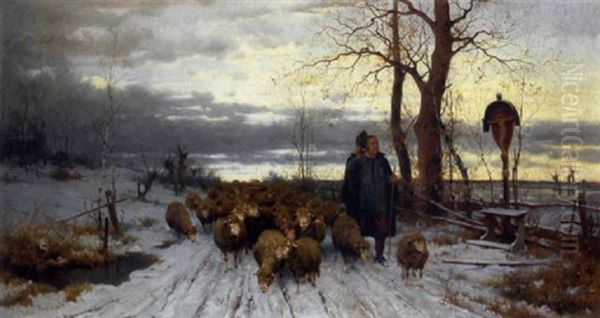 Hirte Mit Seiner Herde Am Heimweg Oil Painting by Adolf Ernst Meissner