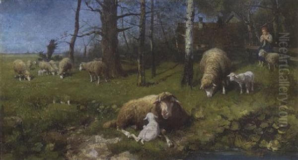 Schafe Und Lammer Auf Der Weide Oil Painting by Adolf Ernst Meissner