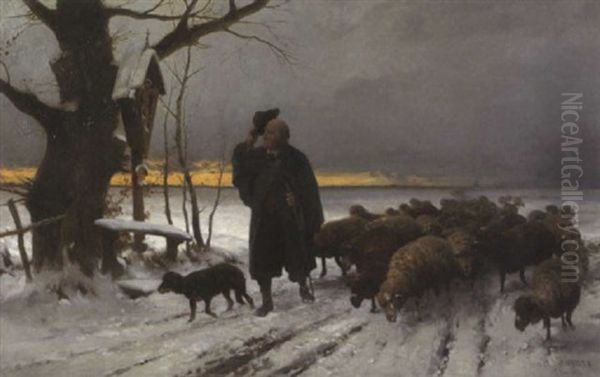 Schafer Mit Seiner Herde In Winterlicher Landschaft Oil Painting by Adolf Ernst Meissner