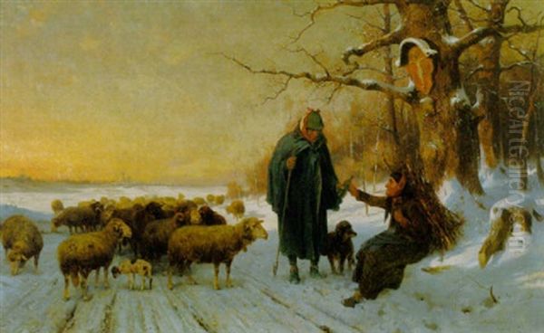 Schafer Mit Seiner Herde In Winterlandschaft, Einer Alten Reisigsammlerin Eine Flasche Reichend Oil Painting by Adolf Ernst Meissner