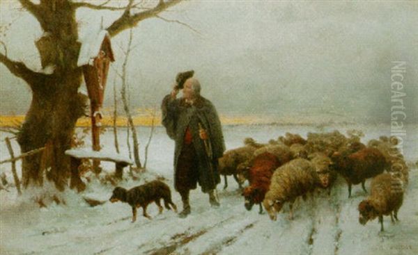 A Shepherd And His Flock Oil Painting by Adolf Ernst Meissner