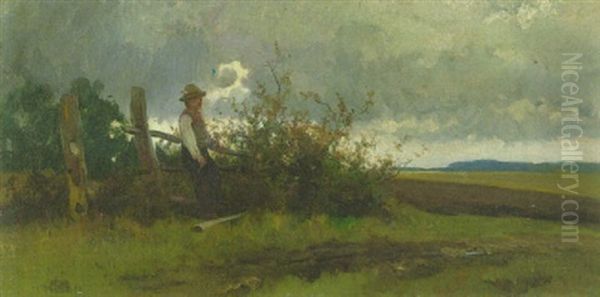 Huterbub Am Wiesengatter, In Die Landschaft Blickend Oil Painting by Adolf Ernst Meissner