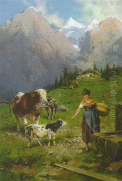 Sennerin Mit Vieh Am Brunnentrog Auf Der Alm Oil Painting by Adolf Ernst Meissner