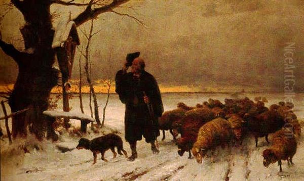 The Return Of The Flock, Sunset Oil Painting by Adolf Ernst Meissner