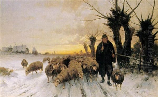 Verschneite Landschaft Mit Schafhirte Und Seiner Herde Auf Einem Weg Mit Kopfweiden Auserhalb Eines Dorfes Oil Painting by Adolf Ernst Meissner