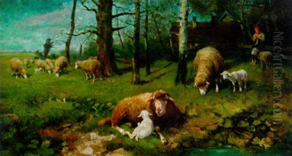 Sheep With Their Lambs Resting By A River Oil Painting by Adolf Ernst Meissner