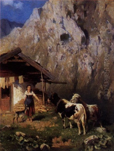 Auf Der Alm Steht Die Sennerin Mit Ihrer Ziege Und Kalbern Vor Der Hutte Oil Painting by Adolf Ernst Meissner