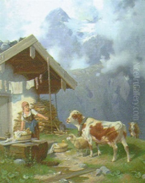 Alplandskap Med Kvinna Samt Kor Och Far Oil Painting by Adolf Ernst Meissner