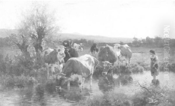 Kuhhirtin Mit Ihrer Herde An Einem Wasserloch Oil Painting by Adolf Ernst Meissner