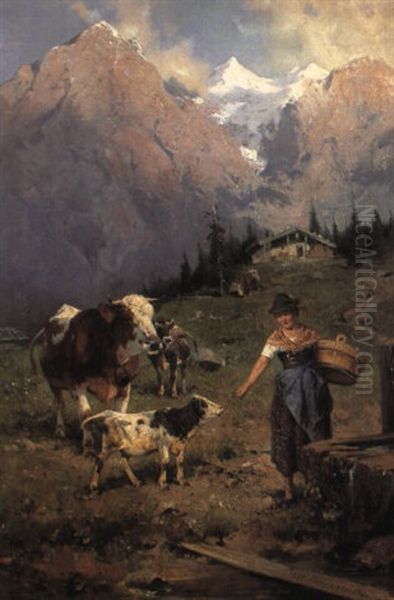 Ved En Alpehytte Oil Painting by Adolf Ernst Meissner