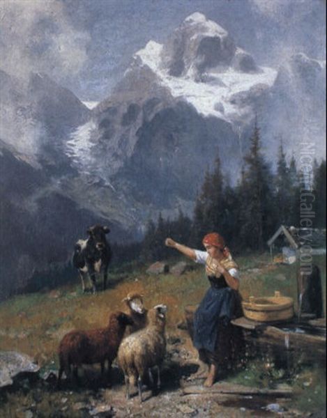 Auf Der Alm Oil Painting by Adolf Ernst Meissner