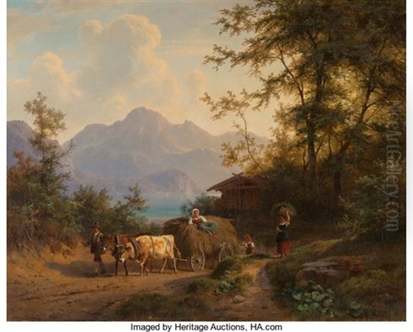 Mountain Landscape With Hay Wagon And Farmers by Gustav Meissner