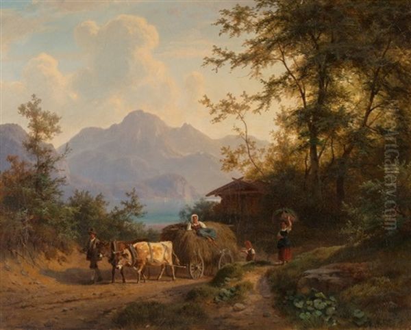 Mountain Landscape With Hay Wagon And Farmers Oil Painting by Gustav Meissner