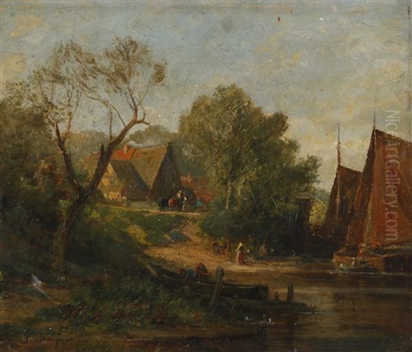 Landschaft Am Seeufer Und Personenstaffage Oil Painting by Gustav Meissner