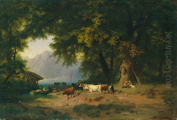 Hirten Mit Vieh Am Ufer Eines Gebirgssees by Gustav Meissner