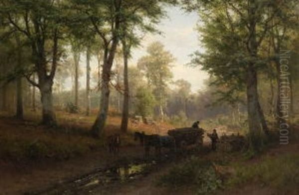 Waldlandschaft Mit Holzarbeitern Und Pferdeuhrwerk Oil Painting by Gustav Meissner