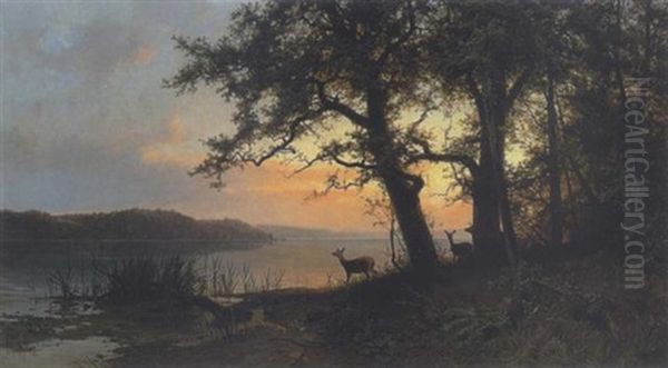 Rehe In Der Dammerung Am Seeufer Oil Painting by Gustav Meissner