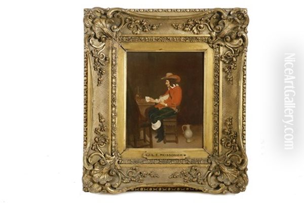 A Cavalier Playing Cards Oil Painting by Ernest Meissonier