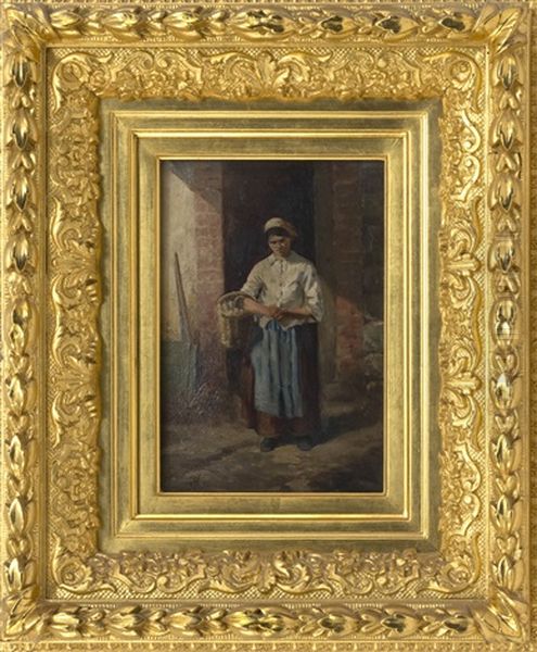 Woman In A Doorway Holding A Basket Oil Painting by Ernest Meissonier