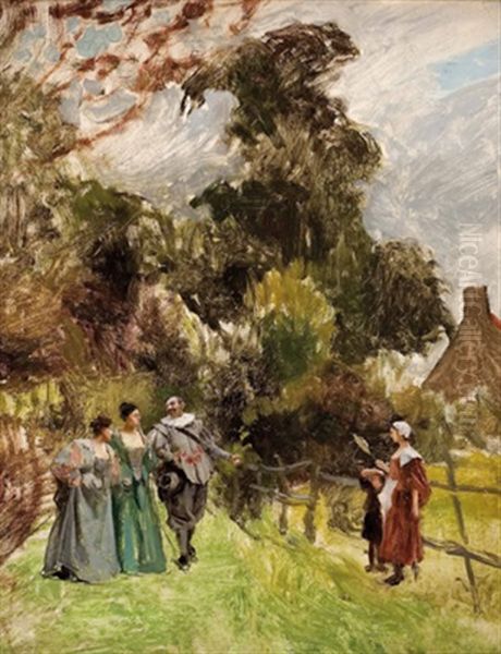 Spaziergang Der Vornehmen Welt (+ Schlossherr Und Die Seinen Vor Dem Schloss; 2 Works) Oil Painting by Ernest Meissonier