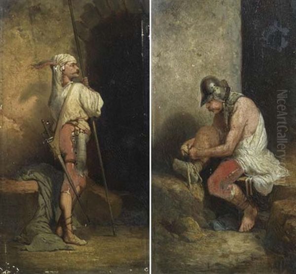 Sitzender Soldat (+ Orientalischer Soldat; Pair) Oil Painting by Ernest Meissonier