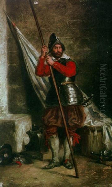 A Cavalier Standing With A Staff In An Armory Oil Painting by Ernest Meissonier