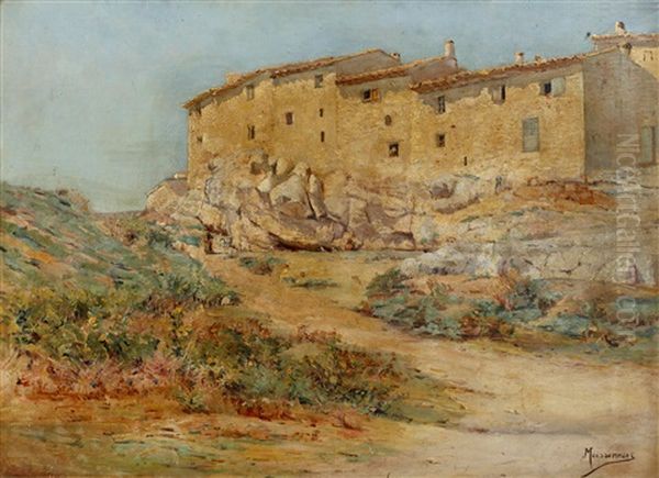 View Of Stone Buildings On A Rocky Hillside Oil Painting by Joseph (Francois Xavier) Meissonnier