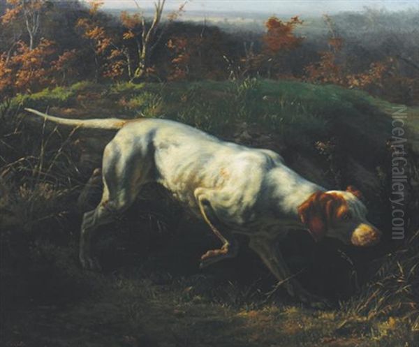 Portrait Of A Gun Dog In A Landscape Oil Painting by Ernst Meister