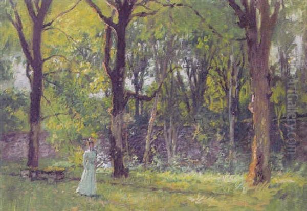 Ung Pige I Lang Lys Kjole I En Park Oil Painting by Charles De Meixmoron De Dombasle