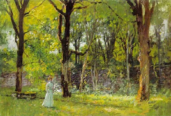 Ung Pige I Lang Lys Kjole I En Park Oil Painting by Charles De Meixmoron De Dombasle