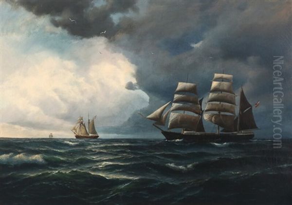 Seascape With Sailing Ships At Sea by Daniel Hermann Anton Melbye