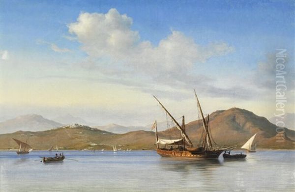 Sailing Ships Off The Coast Oil Painting by Daniel Hermann Anton Melbye