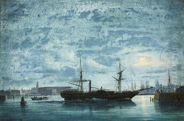 Stockholm In Moonlight Oil Painting by Daniel Hermann Anton Melbye