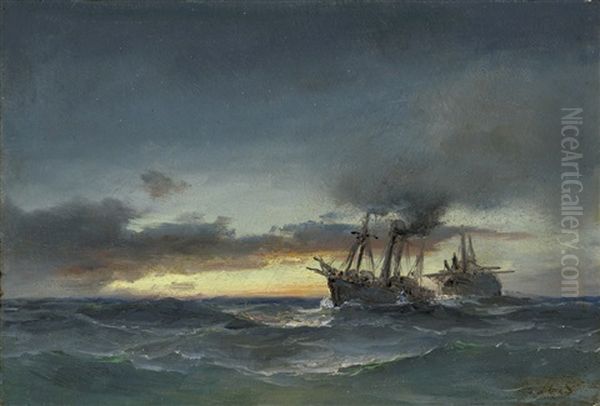 Zwei Dampfschiffe Auf Sturmischer See Bei Sonnenaufgang Oil Painting by Daniel Hermann Anton Melbye